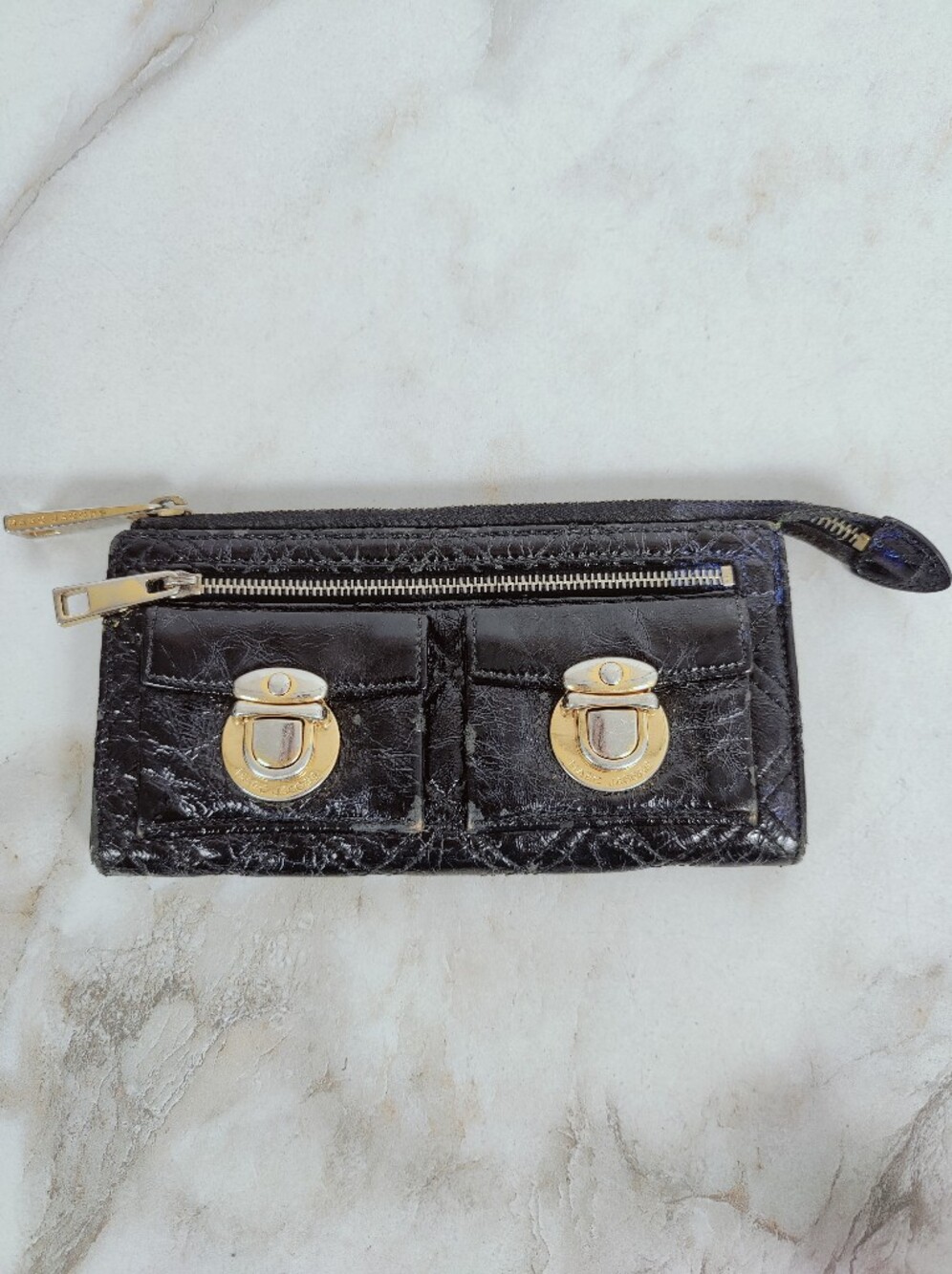 VTG Marc Jacobs Black Quilted Leather Double Push-Lock Wallet